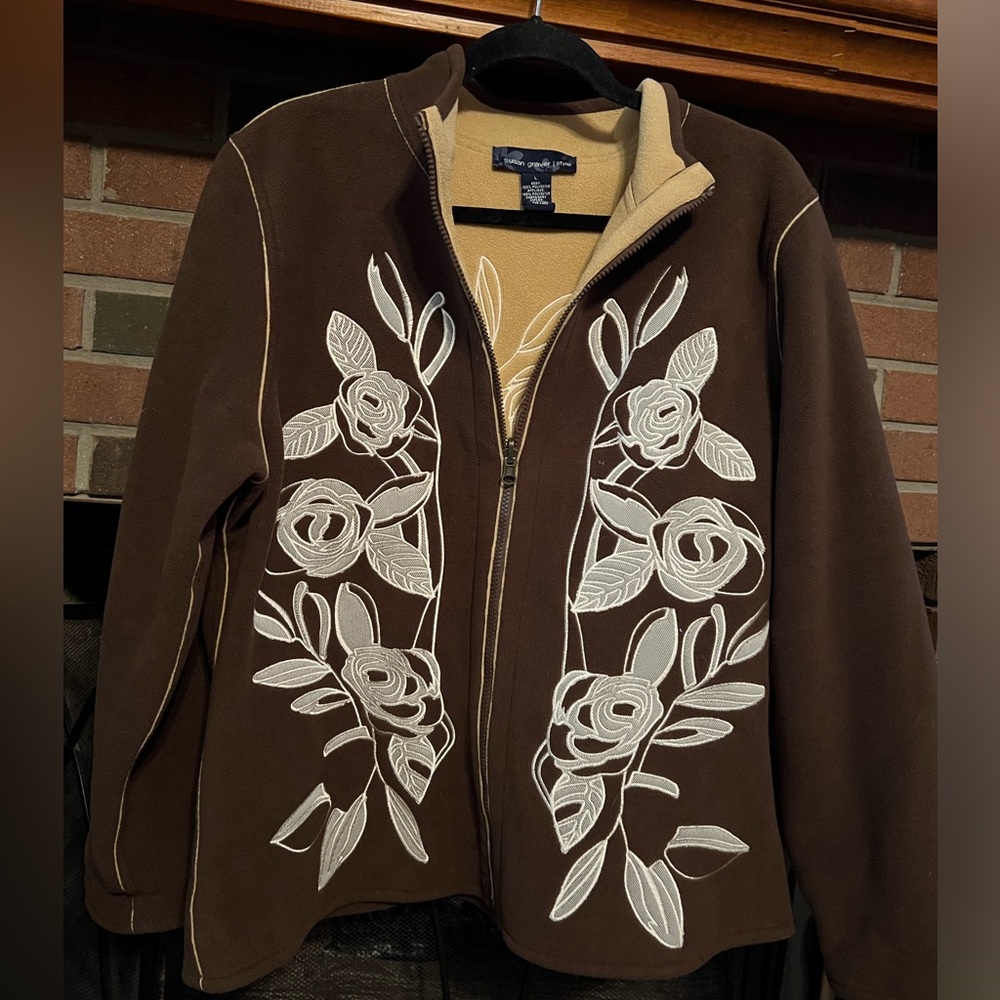 Sz L Susan Graver White Roses Embroidered Brown Light Wt Full Zip Front Jacket